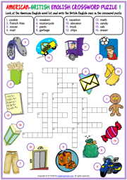 American British English ESL Crossword Puzzle Worksheets