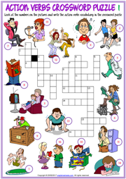 Action Verbs Crossword Puzzle ESL Worksheets for Kids