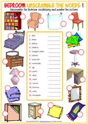 Bedroom Objects ESL Unscramble the Words Worksheets