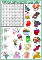 Birthdays ESL Word Search Puzzle Worksheet For Kids