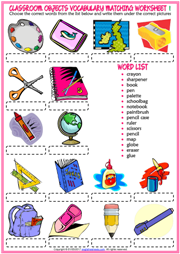 Classroom Objects ESL Matching Exercise Worksheets