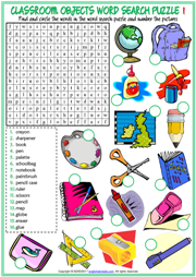 Classroom Objects ESL Printable Word Search Puzzle Worksheets
