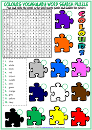 Colours ESL Printable Word Search Puzzle Worksheet