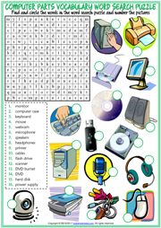 Computer Parts ESL Word Search Puzzle Worksheet For Kids