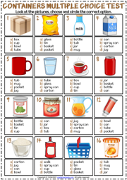Containers ESL Printable Multiple Choice Test For Kids