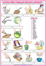 Cooking Verbs ESL Vocabulary Matching Exercise Worksheets