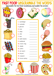 Fast Food ESL Printable Unscramble the Words Worksheet
