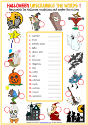 Halloween ESL Unscramble the Words Worksheets For Kids