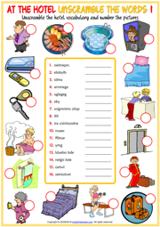 Hotel Vocabulary ESL Unscramble the Words Worksheets
