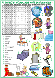 Hotel Vocabulary ESL Word Search Puzzle Worksheets