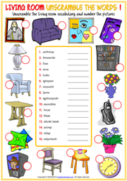 Living Room Objects ESL Unscramble the Words Worksheets