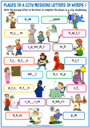Places in a City ESL Missing Letters In Words Worksheets