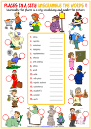 Places in a City ESL Unscramble the Words Worksheets