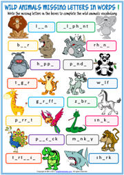 Wild Animals Missing Letters In Words ESL Exercise Handouts