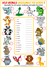 Wild Animals Unscramble the Words ESL Worksheets For Kids