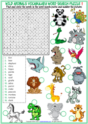 Wild Animals Word Search Puzzle ESL Printable Worksheets