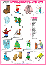 Winter ESL Vocabulary Matching Exercise Worksheet For Kids