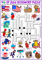 4th of July ESL Crossword Puzzle Worksheet for Kids