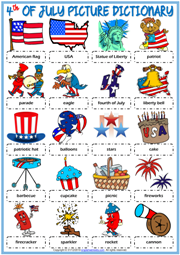 4th of July ESL Picture Dictionary Worksheet For Kids