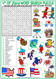 4th of July ESL Word Search Puzzle Worksheet