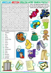 American British English ESL Word Search Puzzle Worksheets