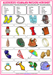 Accessories ESL Vocabulary Matching Exercise Worksheet