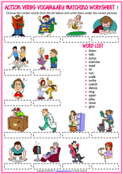 Action Verbs Vocabulary Matching Exercise ESL Worksheets