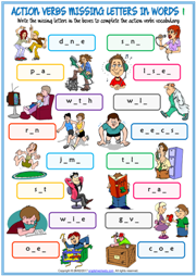 Action Verbs Missing Letters In Words Exercise Handouts