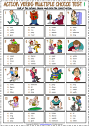 Action Verbs ESL Printable Multiple Choice Test for Kids