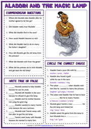 Aladdin and the Magic Lamp ESL Reading Comprehension Questions Worksheet
