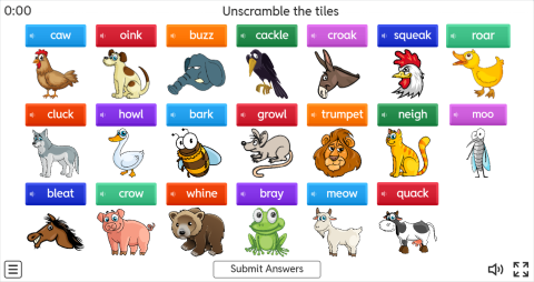 Animal Sounds ESL Interactive Unscramble Worksheet