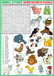 Animal Sounds ESL Printable Word Search Puzzle Worksheet