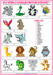 Animals ESL Vocabulary Matching Exercise Worksheets