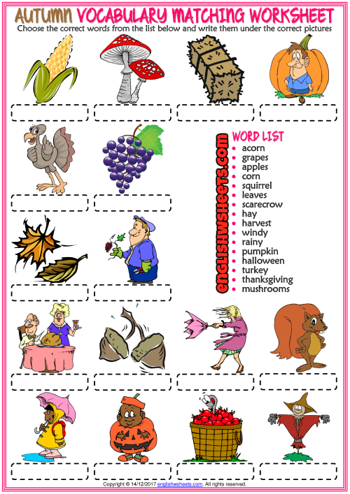 autumn esl vocabulary matching exercise worksheet