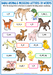 Baby Animals Missing Letters In Words Exercise Worksheet
