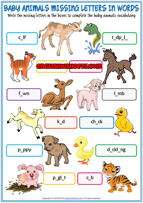 Baby Animals Missing Letters In Words Exercise Worksheet
