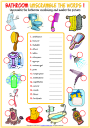 Bathroom Objects ESL Unscramble the Words Worksheets