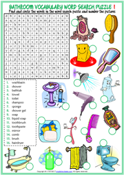 Bathroom ESL Printable Word Search Puzzle Worksheets