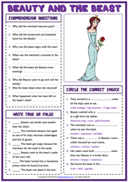 Beauty and the Beast ESL Reading Comprehension Questions Worksheet