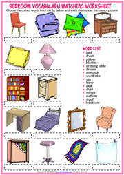 Bedroom Vocabulary Matching Exercise Worksheets For Kids
