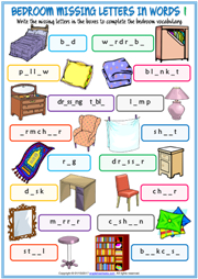 Bedroom Missing Letters In Words Exercise Worksheets
