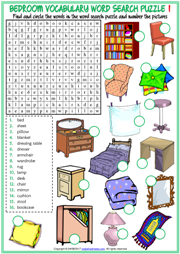 Bedroom Objects ESL Word Search Puzzle Worksheets