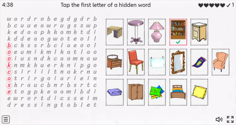 Bedroom Objects ESL Interactive Wordsearch Puzzle