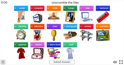 Bedroom Objects Interactive Unscramble Worksheet