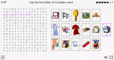 Bedroom Objects ESL Interactive Wordsearch Puzzle