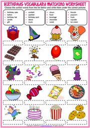 Birthdays ESL Vocabulary Matching Exercise Worksheet