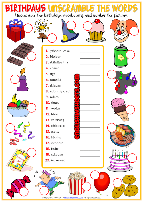 Birthdays ESL Printable Unscramble the Words Worksheet