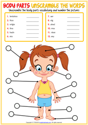 Body Parts ESL Unscramble the Words Worksheet For Kids