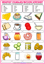 Breakfast ESL Vocabulary Matching Exercise Worksheet