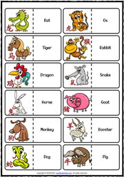 Chinese Zodiac Signs ESL Printable Dominoes Game